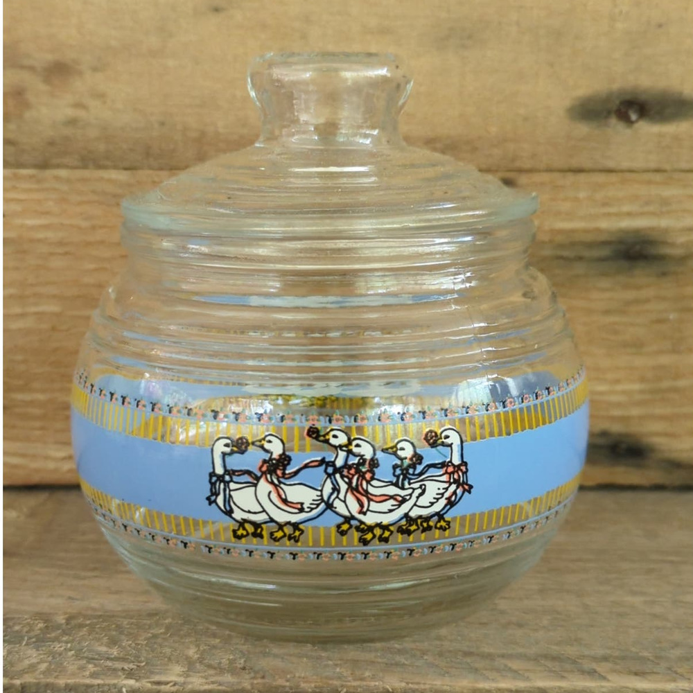 Vtg 1980s KIG Country Blue Ribboned Geese Glass Jar with Lid Made in Indonesia